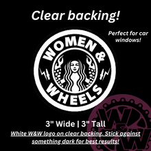 Load image into Gallery viewer, &#39;Women &amp; Wheels&#39; *CLEAR BACKING* CIRCLE DECAL (Pumpkin Spice &amp; Nitrous logo)
